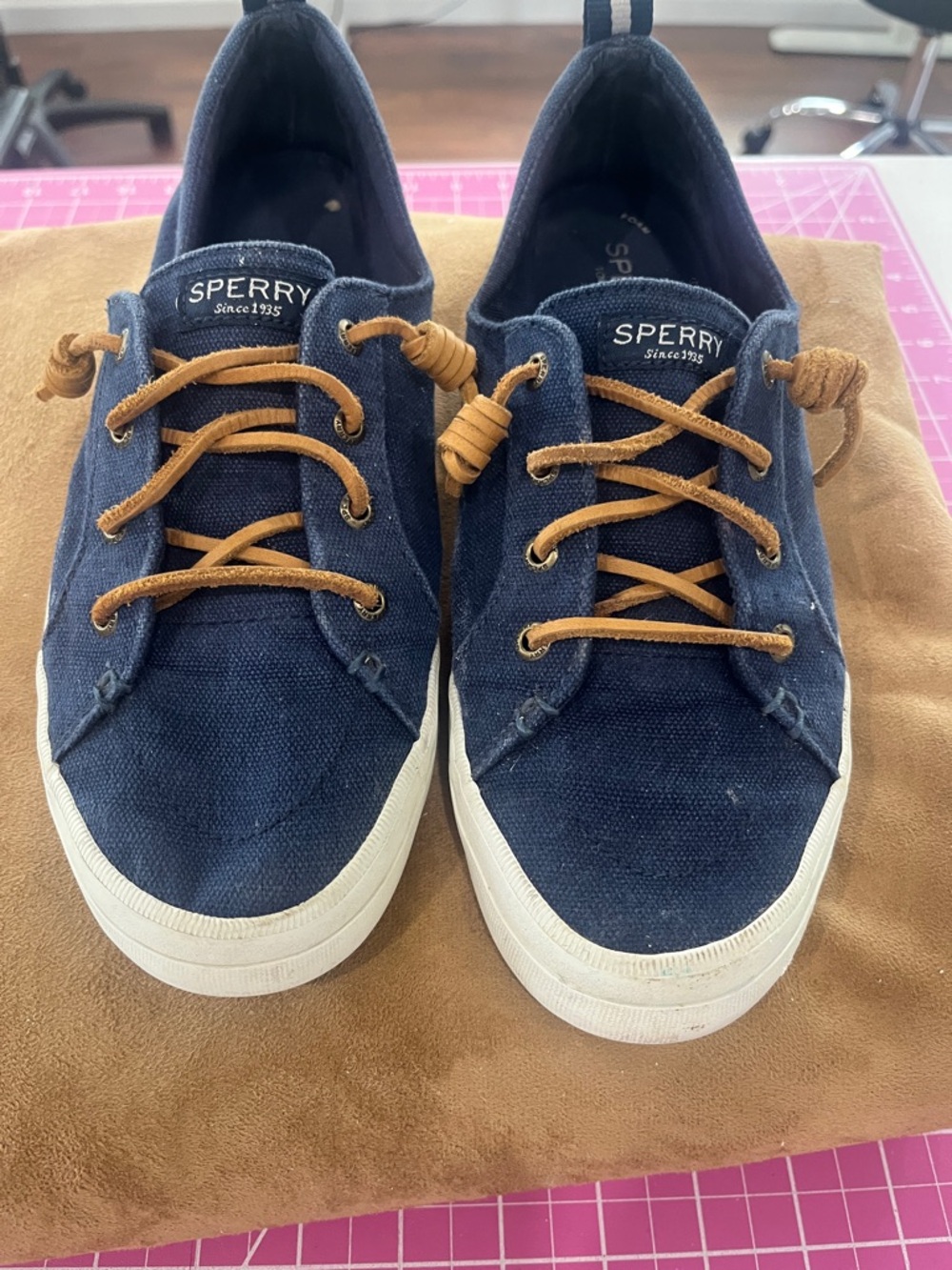 Sperry Women's Navy Canvas Casual Sneakers with Tan Laces